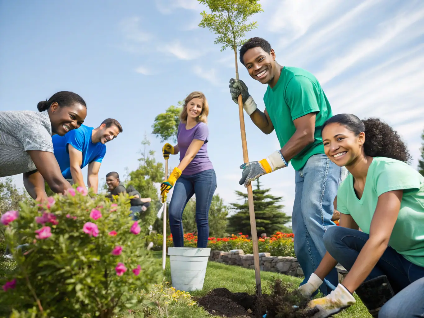 A photograph of a group of volunteers working together on a community project, showcasing their dedication and the positive impact of their efforts on the local environment.