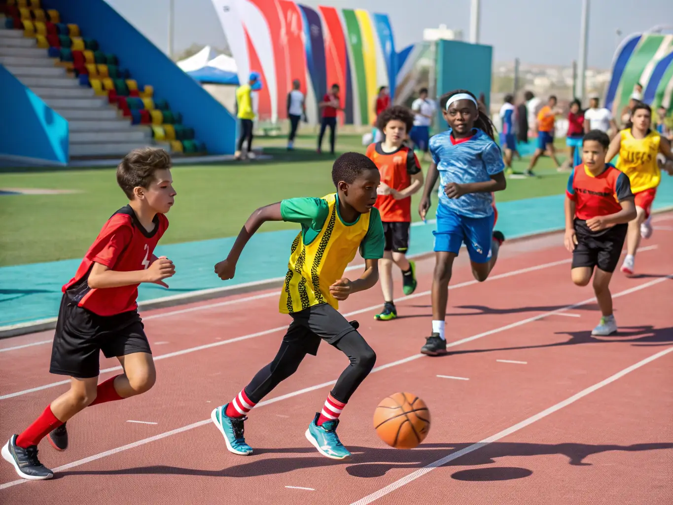 An action shot of a local sports competition, featuring athletes of different ages and backgrounds competing in an unconventional sport, highlighting the spirit of inclusivity and healthy competition.