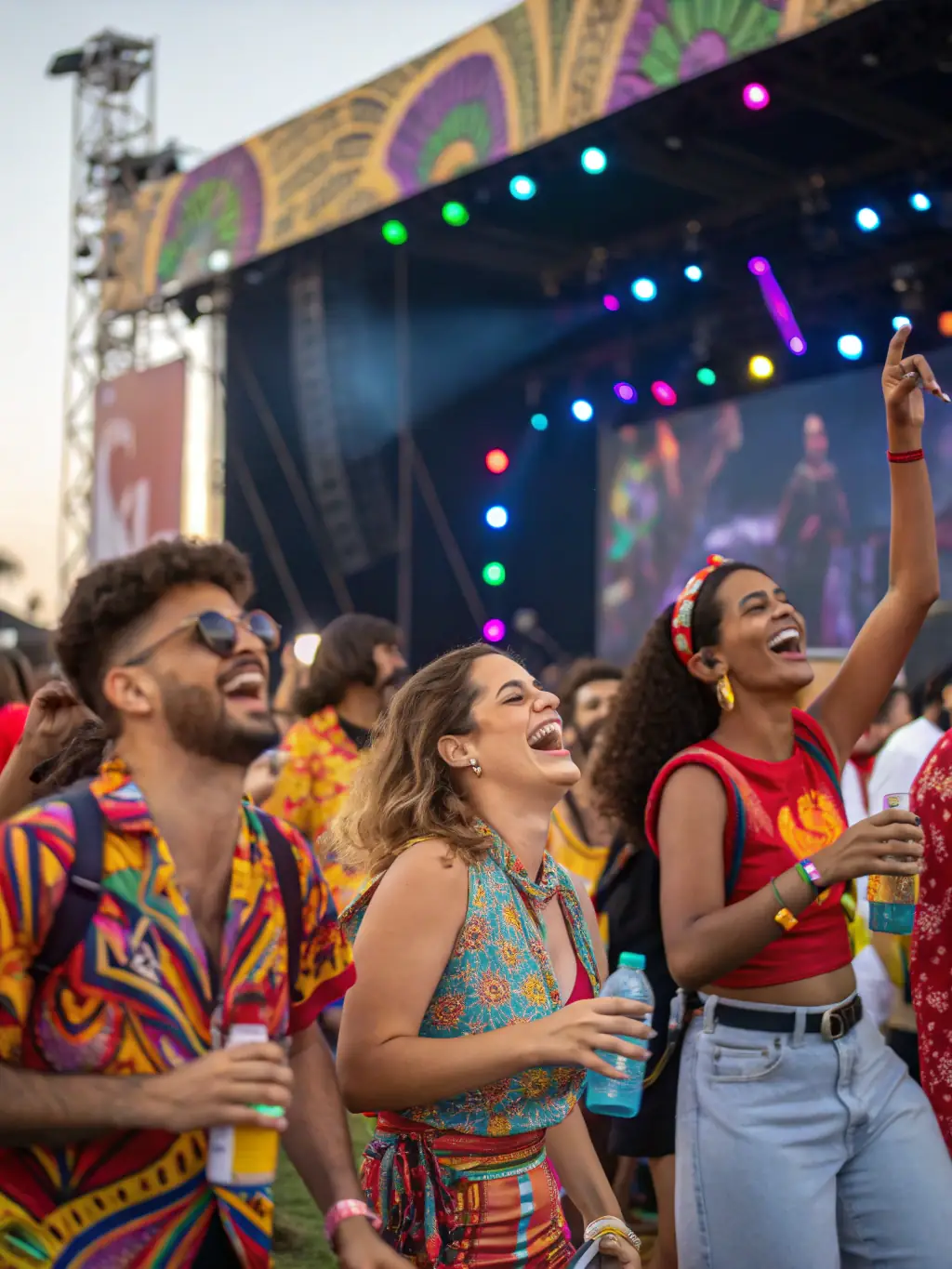 A vibrant image of a MON AMOUR-organized music festival, showcasing a diverse crowd enjoying live music under colorful lights. The atmosphere is energetic and inclusive, reflecting the organization's commitment to cultural access.
